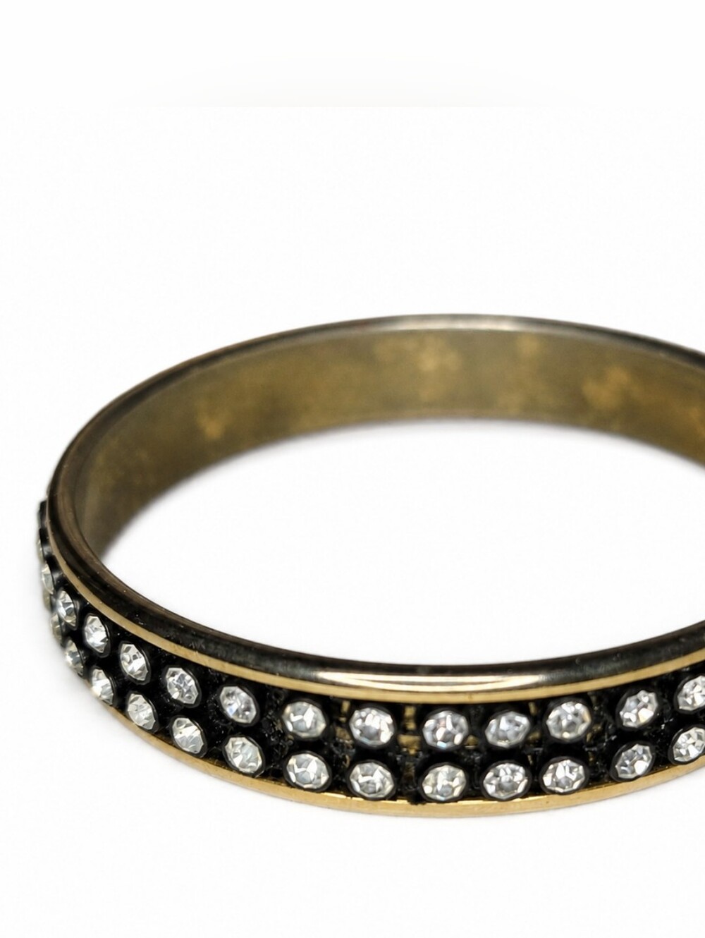 Vintage Rhinestone Bangle Bracelet Black Enamel Gold Tone Art Deco Style Size 8